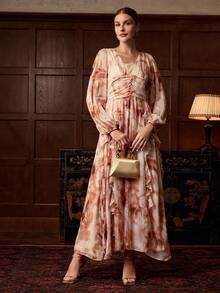 ZEYLAH Đầm Maxi Tay Dài Cổ Chữ V Eo Ruffle Viền Dài Thanh Lịch - Nhiều màu - Xem 7