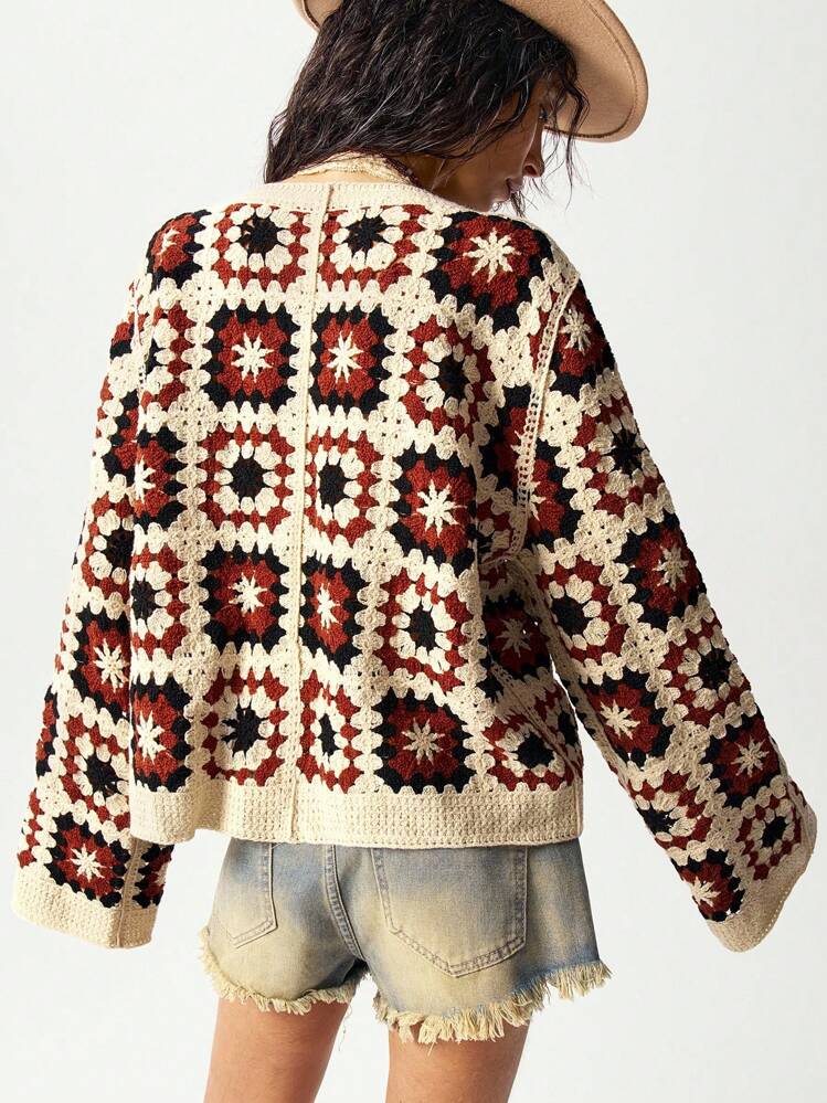 Bohemela 大码女式花卉印花长袖单排扣宽松开衫 - 彩色 - 查看 2