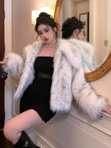 DAZY 女士翻领开襟人造毛皮外套，秋冬时尚女式外套 - 白色 - 查看 2