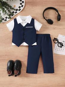 Souflis Souflis 男婴经典颜色开衫背心上衣和配套裤子套装，简约风格，无图形设计，适合休闲外出、舒适家居服和轻松聚会，春秋季 - 寶藍色 - 查看 3