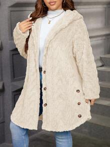 SHEIN LUNE 纹理毛绒温暖舒适纽扣装饰连帽大码夹克冬装女连帽开衫泰迪熊夹克女毛绒开衫长款开衫女大码女式开衫毛衣女式泰迪夹克泰迪大衣连帽泰迪夹克纽扣泰迪夹克长款泰迪大衣，女士秋季服装 - 杏色 - 查看 7