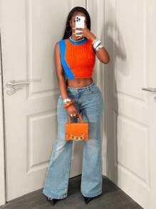 BamGleam 女式橙色撞色罗纹提花无袖短款修身休闲针织上衣 - 橘色 - 查看 2