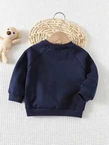 Cozy Pixies Áo nỉ dài tay cổ tròn dệt kim mềm mại họa tiết gấu bông hoạt hình dễ thương cho bé trai, thích hợp cho mùa thu/đông, trở lại trường, quần áo mùa thu, thoải mái dễ chịu, nhiều lớp quần áo mùa thu cho trẻ em, trẻ em thời trang, trang phục thường ngày - Màu xanh lam - Xem 2