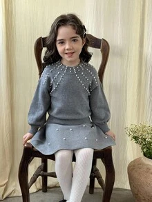 LMoss Kids 2件套少女纯色圆领修身毛衣和迷你裙 - 灰色 - 查看 5