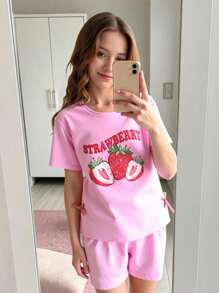 Bộ quần áo bé gái tay ngắn họa tiết dâu tây, nơ trang trí, thoải mái, ngọt ngào, thời trang, thích hợp mặc mùa hè. Bộ đồ trẻ em họa tiết dâu tây, quần áo trẻ em in hình dâu tây, quần short kẻ sọc hồng, quần áo mùa hè cho bé gái. - Hồng - Xem 11