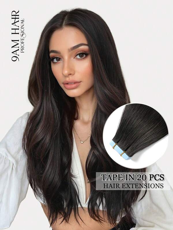 9AM Haarband Haarverlängerungen unsichtbar und bequem, 20 Stücke 50G 12 Zoll bis 24 Zoll, natürliche schwarze Tape-In Haarextensions, Echthaar Schwarze Haar Extensions Tapes in Echt Haar für Frauen, Sport, Urlaub, Reisen, Abschlussball, Outdoor, Cosplay, Campus, Schule, Strand, Hochzeit, Camping, Urlaubsoutfits, Sommeroutlooks mit Vayay Vibes Charm, elegante, lässige Y2K Modestile, Ss25 Schlüsselwörter