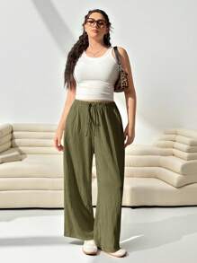 Solflare Pantalón cargo de mujer talla grande, holgado, tejido, en verde olivo