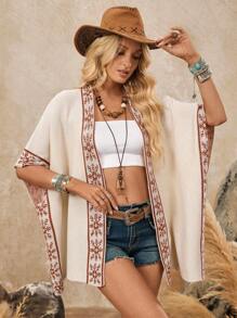 LanaWest 女士针织披肩提花雪花图案波西米亚风格宽松开衫 - 米色 - 查看 1