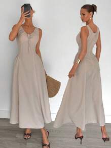Siren Gaze Women's Elegant Grey Summer Linen Dress,Sleeveless U-Neck Pleated Tie-Cinched Waist Hollow Long Dress,Fashionable Casual Office Commuting Evening Wear - Apricot - View 6