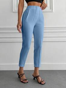 EURMUSE Frenchy Solid Colored Pleated Tapered Pants ,Petite Women - Blue - View 5