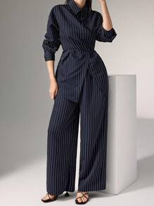 Heiryn Bộ đồ hai mảnh phong cách Hàn Quốc lấy cảm hứng từ phong cách cổ điển, bo eo, đa năng khi đi làm và mặc hàng ngày - Màu xanh hải quân - Xem 4