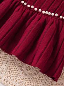 Sparklyn 2pcs/Set Tween GirlsElegant Jeweled Ribbed Fuzzy Crew Neck Puff Sleeve Top And Simple Knitted Long Pants Casual Outfits, Autumn/Winter Fall - Burgundy - View 8