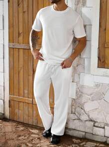 Manfinity Homme Áo thun tay ngắn cổ tròn màu trơn cỡ lớn cho nam và quần short cạp rút dây, bộ đồ thường ngày, mùa hè - trắng - Xem 3