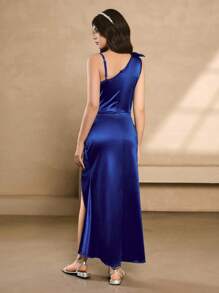 Vestido largo asimétrico de cintura alta con escote sin mangas, de estilo minimalista elegante para adolescentes, con acento de lazo 3D, bajo alto, de material de satén, con acabado de alta gama, adecuado para fiestas, galas, bailes de graduación - Azul - Ver 2