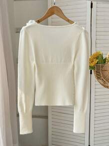 Skyraze Women 3D Floral Trim Pullover Sweater Jumpers Pullover Back-To-School Clothing White Sweater Casual Daily Wear,Tops,Brunch Women,Renaissance Fair,Concert Women, In Fall/Winter - White - View 5