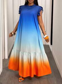 Slaydiva 加大度假日常休闲日常出游宽松渐变印花无袖荷叶边拼接立领女装加大码特长连衣裙2025春夏 - 彩色 - 查看 3