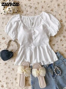 Stylish White Scoop Neck T-Shirt For Teen Girls With Short Puffed Sleeves White Babydoll Top Summer Babydoll Top Eyelet Babydoll Top Babydoll Top With Sleeves White Summer Blouse - White - View 6