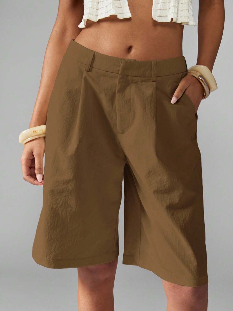 MISSGUIDED Bermuda Tailored Walking Shorts Casual Wide Leg High Waist Linen Feel Resort Wear Summer Autumn Spring Vacation Beach Bottoms - Brown - View 1