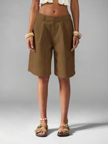 MISSGUIDED Bermuda Tailored Walking Shorts Casual Wide Leg High Waist Linen Feel Resort Wear Summer Autumn Spring Vacation Beach Bottoms - Brown - View 4
