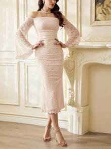 Vintamour 复古优雅女式针织提花蕾丝花网露肩修身连衣裙节日派对休闲装女式夏装度假装女式白色连衣裙女式夏装女式白色连衣裙舞会礼服女式生日礼服女式婚礼宾客礼服女式复活节春季礼服女式夏装女式春季服装复活节礼服女式生日礼服婚纱春假 - 杏色 - 查看 3