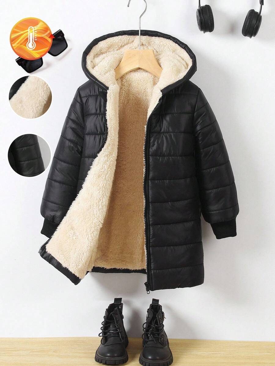 SHEIN Elladie kids Abrigo acolchado con capucha y cremallera forrado de felpa para niñas, temporada de vuelta al colegio - Multicolor - Ver 1