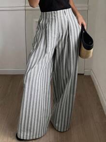 DAZY Pantalones anchos de pierna ancha a rayas holgados con cinturón para mujer, pantalones casuales de vacaciones para otoño