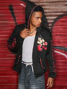 ROMWE MEN Astro Boy X ROMWE Men's Cartoon Figure Graphic Rhinestone Detail Oversized Hooded Sweatshirt - Black - View 3