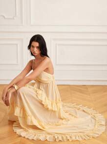 EMERY ROSE 阳光乡村风格黄色雪纺吊带裙，三层荷叶边飘逸轻盈雪纺，迷人的野餐/约会连衣裙 - 淡黃色 - 查看 5