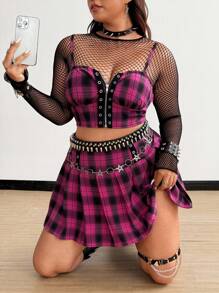 Whyspr Bộ đồ ngủ 2 trong 1 họa tiết kẻ sọc Punk gợi cảm mùa hè dành cho nữ cỡ lớn & chân váy ngắn xếp ly cạp cao - Nhiều màu - Xem 6