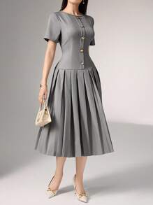 Heiryn Elegant Commuter Asymmetric For Women,  Pleated Dress,  Grey Dresses For Women, Button Dress, Women Clothing Elegant, Grey Pleated Dress,Back To School,Back To School Outfit,Fall Outfits Women,Autumn Clothes,Autumn,Fall Dresses For Women,Autumn Dress,Fall Dresses