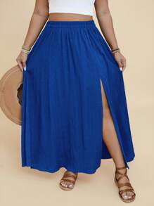 Travachic Falda casual de talla grande para mujer, de cintura elástica, unicolor simple, con abertura alta, para vacaciones