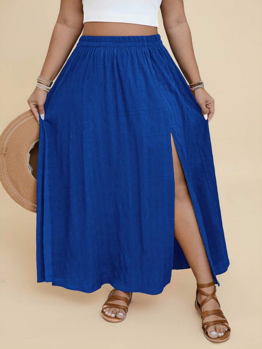 Travachic Falda casual de talla grande para mujer, de cintura elástica, unicolor simple, con abertura alta, para vacaciones