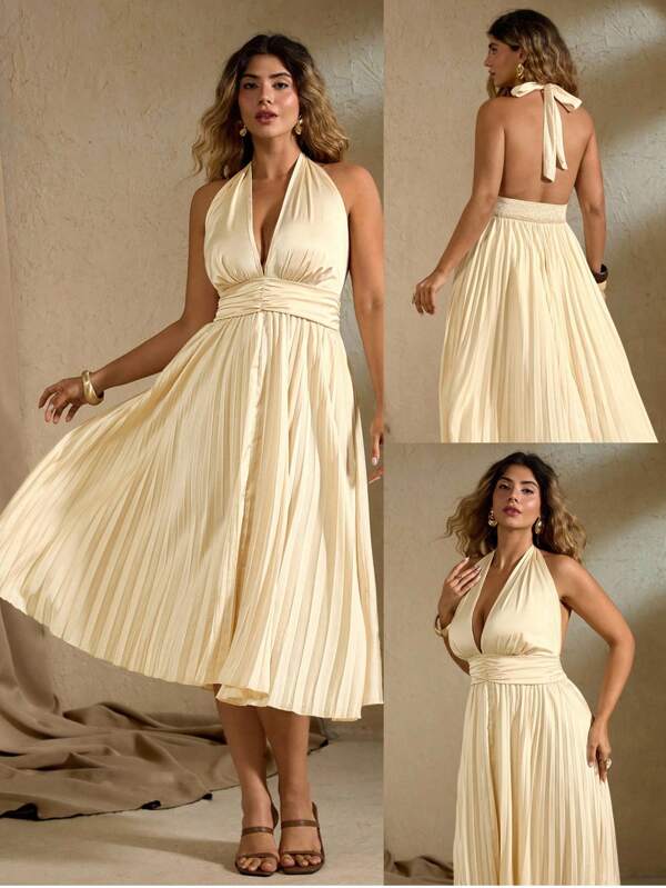 Roveilla Plus Size Solid Color Cinched Waist Halter Backless Dress