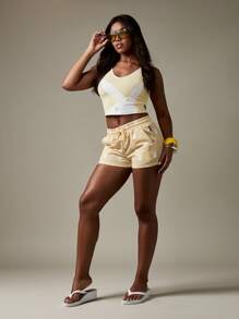 Missguided x Playboy 兔子印花抽绳慢跑短裤女式复古夏季家居服休闲裤时尚节日街头服饰美学 - 黃色 - 查看 3