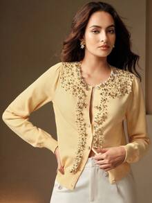 Anewsta Embellished Elegant High-Quality Beaded Yellow Cardigan - Beige - View 5