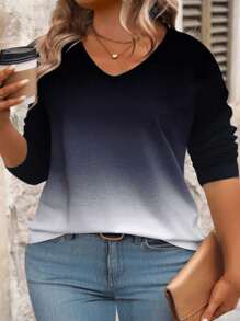 INAWLY Áo thun dệt kim mềm mại cổ chữ V dài tay in họa tiết ombre cỡ lớn dành cho nữ, áo thun họa tiết thu đông dành cho nữ mùa xuân - Nhiều màu - Xem 1