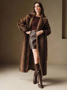 Anewsta 女士优雅翻领双色仿皮草束腰长款冬季外套 - 棕色 - 查看 4