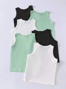 SHEIN Playful Pals 6 件装幼儿男童纯白色圆领休闲针织背心，面料柔软舒适，适合日常穿着、运动、度假 - 可搭配短裤，打造日常休闲造型，适合返校 - 彩色 - 查看 2