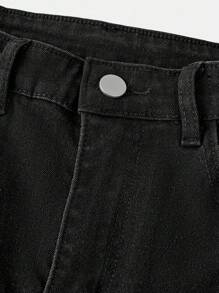 修身骷髅十字架印花男童牛仔裤，可调节腰围，经典五口袋设计，充满万圣节氛围，街头风必备单品 - 黑色 - 查看 3