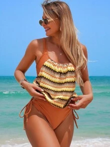 SHEIN Swim Bộ 2 chiếc/Bộ đồ bơi tankini họa tiết ziczac đi biển mùa hè cho nữ, giúp thon gọn và che bụng - Nhiều màu - Xem 5