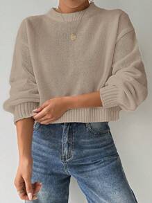 EMERY ROSE Women's Solid Color Simple Casual Crew Neck Long Sleeve Sweater Knit Pullover Fall Winter - Khaki - View 4