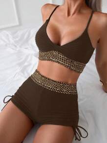 SHEIN Swim 女士假日海滩梭织拼布比基尼套装