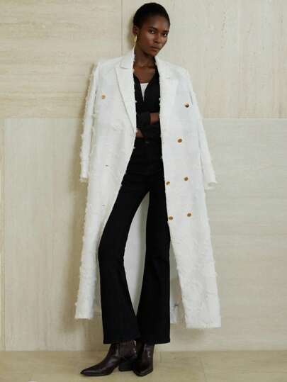 GENKIRA Women's Classic French Vintage Textured Fabric Double-Breasted Wide Shoulder Pad Extra Long Jacket, Suitable For Commuting And Work Wear, Autumn Fall Winter Cloth For Women