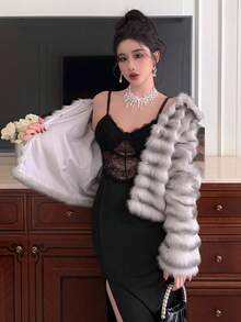 DAZY 时尚轻薄光滑蓬松领夹克，女士冬季外套 - 灰色 - 查看 13