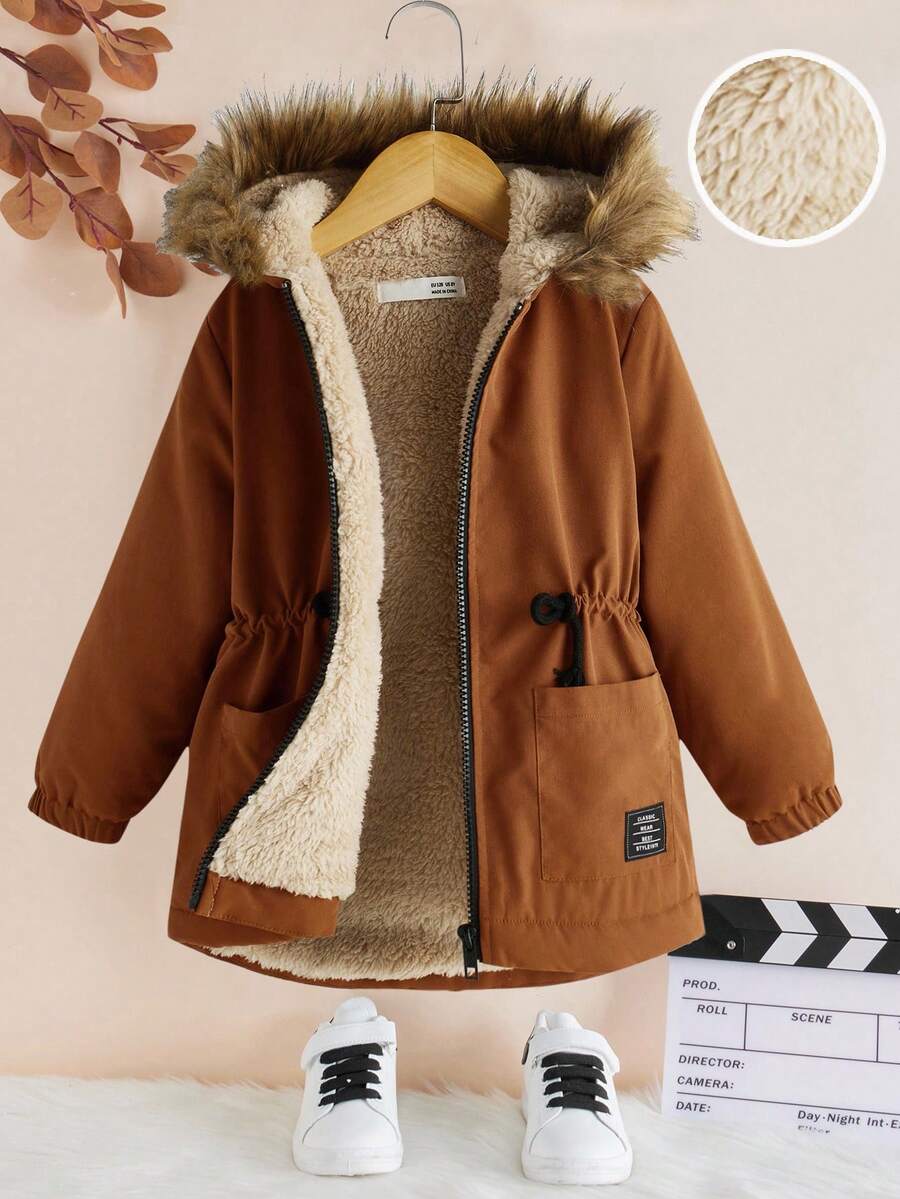 SHEIN Young Boy Casual Drawstring Waist Faux Fur Hooded Padded Parka Coat, Autumn/Winter Fall - Brown - View 1