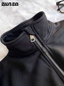 少女休闲百搭度假卫衣，黑色宽松半拉链卫衣，适合秋冬季穿着 - 黑色 - 查看 3