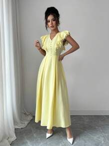Modelyn Vestido de mujer con cuello en V estilo francés y mangas con volantes - Amarillo claro - Ver 4