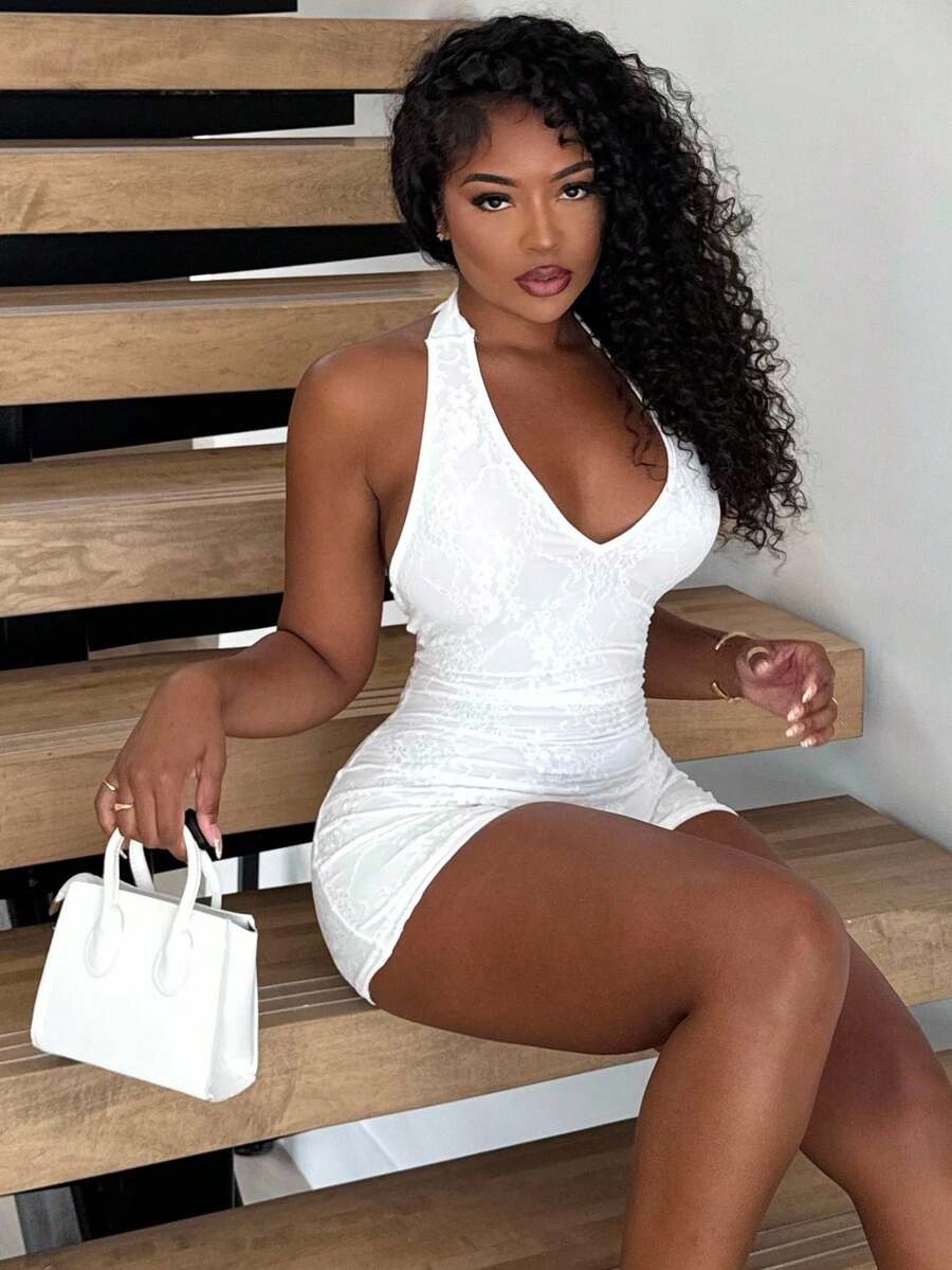 Bộ đồ liền thân bó sát có dây buộc cổ yếm cho nữ dùng cho trang phục dự tiệc ngày lễ - trắng - Xem 1