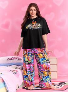 THE POWERPUFF GIRLS X SHEIN 大码女式可爱花朵、泡泡、毛茛图案宽松落肩 T 恤和阔腿睡裤套装，夏季 - 黑色 - 查看 4