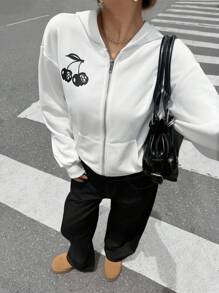 SHEIN Teens Girl Casual Minimalist Loose Fit Cherry Pattern Pullover Hoodie,In Fall/Winter